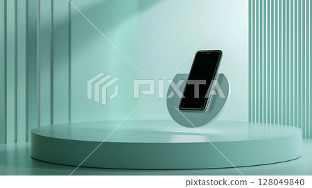 A smartphone display floating in a neon green futuristic space A smartphone display floating in a neon green futuristic space 128049840