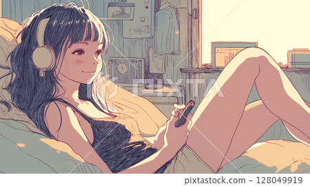 一位女士在鬆軟的床上操作智慧型手機，睡衣，早晨的時間，個人時間，舒適的通訊設備 128049919