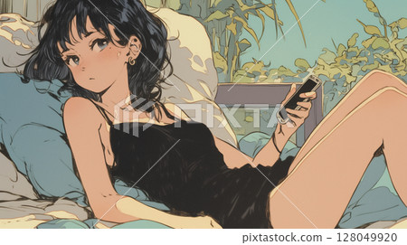 A woman operating a smartphone on a fluffy bed, pajamas, morning time, personal time, comfortable, communication device A woman operating a smartphone on a fluffy bed, pajamas, morning time, personal time, comfortable, communication device 128049920