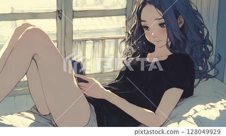 A woman relaxing in her room and looking at her smartphone. Technology and life. Social media life. Modern. Private life. 128049929