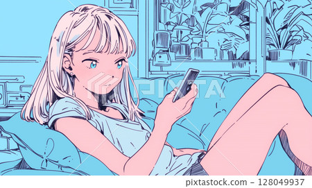一位年輕女子在家中放鬆的空間裡拿著智慧型手機的插圖日常生活通訊SNS技術 128049937