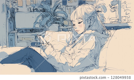 一位年輕女子在家中放鬆的空間裡拿著智慧型手機的插圖日常生活通訊SNS技術 128049938
