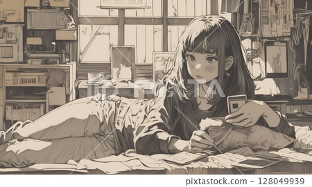 一位年輕女子在家中放鬆的空間裡拿著智慧型手機的插圖日常生活通訊SNS技術 128049939