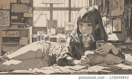 一位年輕女子在家中放鬆的空間裡拿著智慧型手機的插圖日常生活通訊SNS技術 128049942