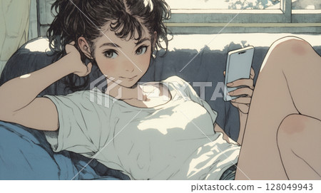 一位年輕女子在家中放鬆的空間裡拿著智慧型手機的插圖日常生活通訊SNS技術 一位年輕女子在家中放鬆的空間裡拿著智慧型手機的插圖日常生活通訊SNS技術 128049943