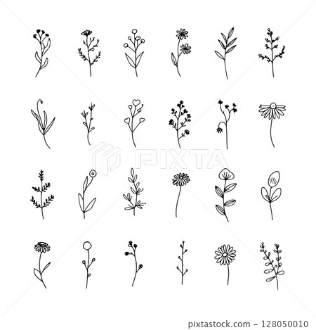 Gentle Curve Blossom. Elegant botanical blossom with softly curving petals and slender base drawn in minimal line art style. 128050010