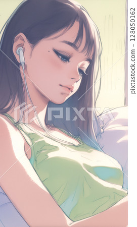 女人在智慧型手機上查看資訊、早晨的例行事務、現代化的房間、舒適的生活、都市生活方式 128050162