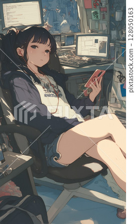 女人在智慧型手機上查看資訊、早晨的例行事務、現代化的房間、舒適的生活、都市生活方式 128050163