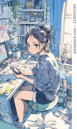 Woman checking information on smartphone, morning routine, modern room, comfortable life, urban lifestyle 128050164