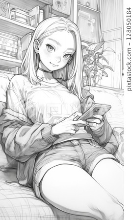 Everyday life of a woman using a smartphone in bed, indoor illustration, private space, morning moments 128050184