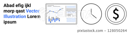 Business analytics graph, clock, dollar symbol. Ideal for finance, time management, investment, data analysis, economics productivity Landing page 128050264