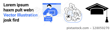 Cashback concept with person holding Cash Back sign, educational symbols and graduation cap. Ideal for financial services, online learning, educational apps, reward programs, student portals, course Cashback concept with person holding Cash Back sign, educational symbols and graduation cap. Ideal for financial services, online learning, educational apps, reward programs, student portals, course 128050270