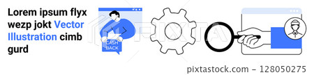 Blue text, person receiving cash back, gear, magnifying glass, hand holding credit card. Ideal for web development, e-commerce, financial services, tech gear, marketing, customer service, educational 128050275