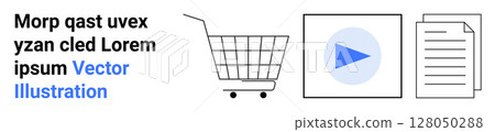 Shopping cart icon, play button, and documents. Ideal for e-commerce, multimedia, online shopping, digital content, tech services, website features, document management. Banner for landing page Shopping cart icon, play button, and documents. Ideal for e-commerce, multimedia, online shopping, digital content, tech services, website features, document management. Banner for landing page 128050288
