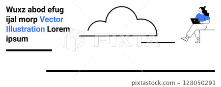 Abstract cloud, textual elements, person working on a laptop. Ideal for modern websites, tech themes, digital solutions, online services, cloud computing, professional presentations, and business 128050291