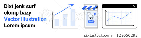 Three-bar graph with upward arrow, mobile shop cart and computer line graph. Ideal for e-commerce, business growth, digital marketing, sales analytics, online shopping, financial reports, and data Three-bar graph with upward arrow, mobile shop cart and computer line graph. Ideal for e-commerce, business growth, digital marketing, sales analytics, online shopping, financial reports, and data 128050292
