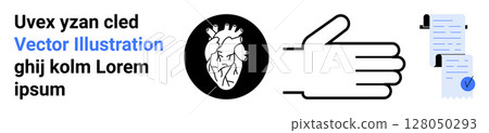 Heart diagram in circle, hand gesture, documents with checkmark. Ideal for medical, anatomy, communication, approval process, business, healthcare, education Landing page 128050293