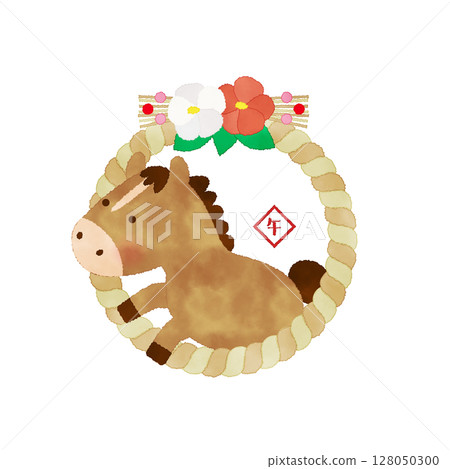 Watercolor-style New Year's illustration of a horse jumping out of a shimenawa rope (2026, Year of the Horse) 128050300