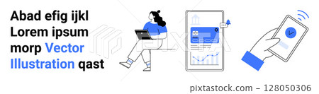 Woman with laptop, smartphone showing checkmark, tablet displaying graphs and analytics symbols. Ideal for remote work, productivity, technology, mobile apps, notifications, data visualization Woman with laptop, smartphone showing checkmark, tablet displaying graphs and analytics symbols. Ideal for remote work, productivity, technology, mobile apps, notifications, data visualization 128050306