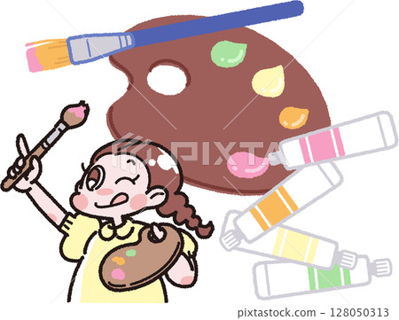 Illustration of a girl with paints, a palette, a brush and 128050313