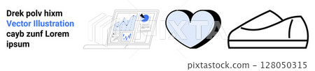 Open laptop with charts, a blue and black heart shape, and an outlined shoe. Ideal for business analytics, data visualization, digital love, fashion design, online presentations, modern 128050315