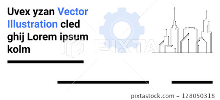 Gear icon with text elements, black lines, city skyline silhouette. Ideal for engineering, technology, business, construction, urban planning, presentations, marketing Landing page Gear icon with text elements, black lines, city skyline silhouette. Ideal for engineering, technology, business, construction, urban planning, presentations, marketing Landing page 128050318