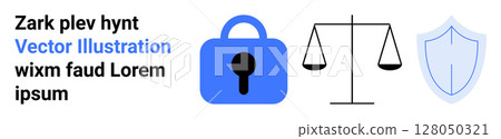 Blue padlock, black balance scale, and blue shield icon illustrating privacy, justice, and security in online legal services. Ideal for legal practice, digital security, privacy policy, justice 128050321