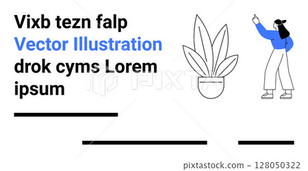 Female character in blue shirt gestures near text, potted plant, and several lines. Ideal for website development, marketing materials, e-learning modules, social media graphics, business 128050322