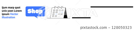 Online shop banner with blue speech bubble icon and text Shop and a calendar icon in black and white. Ideal for online stores e-commerce promotions sales events and marketing campaigns. Banner 128050323