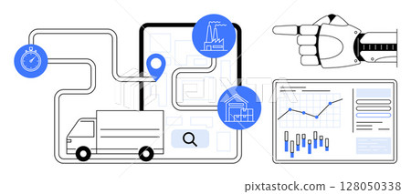 Robotic arm pointing at delivery route on a digital map, factory and warehouse icons, timer, delivery truck, data analytics on screen. Ideal for logistics, automation, supply chain, technology 128050338