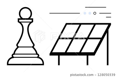 Chess pawn next to a solar panel illustrating energy strategy. Ideal for sustainability, strategy, energy, technology, innovation, planning, education themes. Line metaphor 128050339