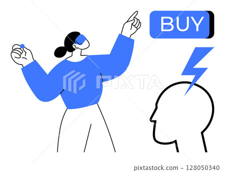 Woman in virtual reality headset pointing at Buy button, blue bolt striking head silhouette. Ideal for e-commerce, virtual reality, digital marketing, online shopping, consumer behavior, futuristic 128050340