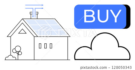 Contemporary house with solar panel on roof, cloud symbol, and large BUY button. Ideal for themes thumbs up renewable energy, smart home, green technology, e-commerce, online solutions 128050343