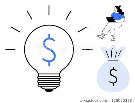 Light bulb with dollar symbol, woman sitting with laptop, and money bag icon. Ideal for business, finance, investment, innovation, start-ups, entrepreneurship, online earning. Line metaphor Light bulb with dollar symbol, woman sitting with laptop, and money bag icon. Ideal for business, finance, investment, innovation, start-ups, entrepreneurship, online earning. Line metaphor 128050358