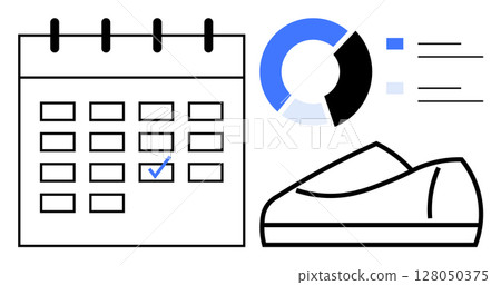 Calendar with date marked, sneaker icon for exercise, pie chart with progress. Ideal for fitness goals, health tracking, workout schedules, time management, personal planning, sports events 128050375
