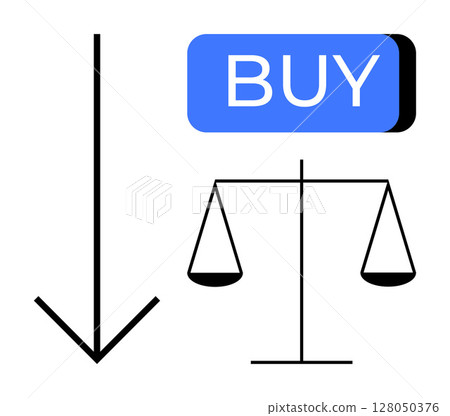 Downward arrow, blue BUY button, and black balance scale symbol. Ideal for investment decisions, market trends, ecommerce, financial analysis, purchasing decisions, stock market, business strategy 128050376