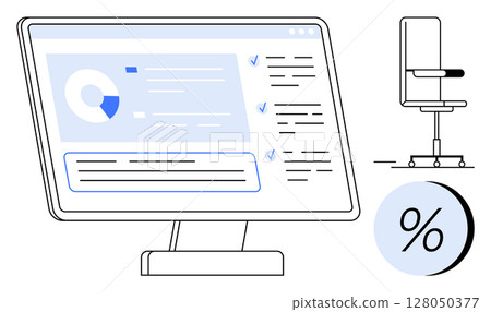 Office computer screen displaying data charts and checklists. Office chair and percentage symbol nearby. Ideal for business analysis, data visualization, project management, office setup 128050377