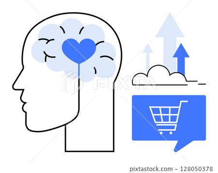 Profile of head with brain containing heart shape, shopping cart symbol in speech bubble, upward arrows. Ideal for psychological analysis, consumer behavior, marketing strategies, emotional 128050378