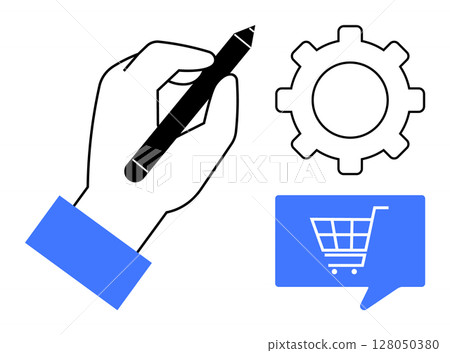 Hand holding a pen, gear symbol indicating settings or management, speech bubble with shopping cart symbol. Ideal for business, strategy, eCommerce, settings, management, planning, design. Line 128050380