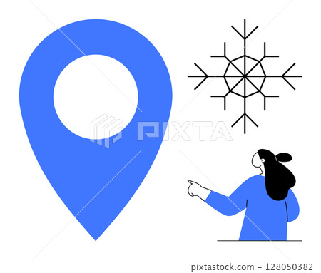 Large blue location pin, black snowflake, and person in blue sweater with black hair pointing. Ideal for weather apps, maps, navigation, seasonal themes, travel guides. Simple, clean, modern style 128050382