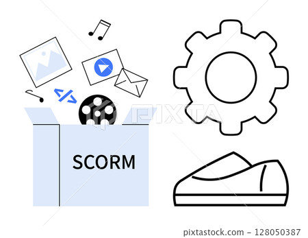 Box labeled SCORM with multimedia items, a gear symbol, and a slipper icon. Ideal for e-learning, content packaging, digital education, interoperability, standards compliance, online education tools Box labeled SCORM with multimedia items, a gear symbol, and a slipper icon. Ideal for e-learning, content packaging, digital education, interoperability, standards compliance, online education tools 128050387