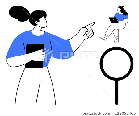 Woman with ponytail holding a tablet points, while another woman with a laptop sits on a table. Magnifying glass icon below. Ideal for education, teamwork, collaboration, analysis, leadership Woman with ponytail holding a tablet points, while another woman with a laptop sits on a table. Magnifying glass icon below. Ideal for education, teamwork, collaboration, analysis, leadership 128050409