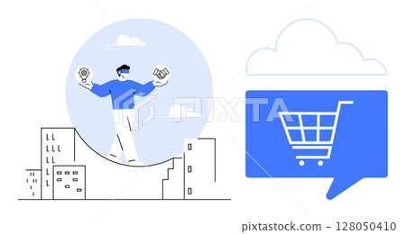 Businessman balancing symbol of idea and handshake above cityscape, cloud with shopping cart symbol. Ideal for e-commerce, business strategy, ideas, partnerships, cloud computing, marketing, urban 128050410