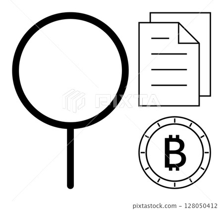 Magnifying glass, stack of documents, and Bitcoin symbol. Ideal for finance, cryptocurrency, research, economics, digital currency, blockchain education, and financial analysis. Line metaphor 128050412