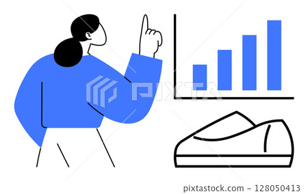 Businesswoman pointing at rising bar graph, indicating growth. Casual shoes displayed alongside. Ideal for business presentations, growth strategies, sales analytics, fashion trends, personal 128050413