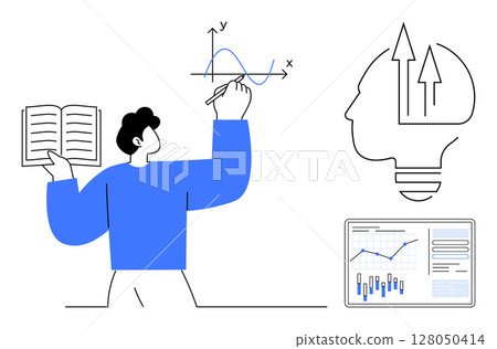 Person holding open book while drawing graph on whiteboard, head silhouette with upward arrows, and computer screen with bar graph. Ideal for education, data analysis, business growth, innovation Person holding open book while drawing graph on whiteboard, head silhouette with upward arrows, and computer screen with bar graph. Ideal for education, data analysis, business growth, innovation 128050414