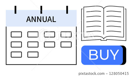 Calendar with ANNUAL title, open book, and prominent BUY button. Ideal for promoting subscriptions, annual plans, educational resources, memberships, retail purchases, e-commerce solutions, digital 128050415