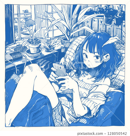 A young woman touching her smartphone in her room. A background full of a sense of everyday life. Potted plants, shelves, bookshelf, lifestyle 128050542