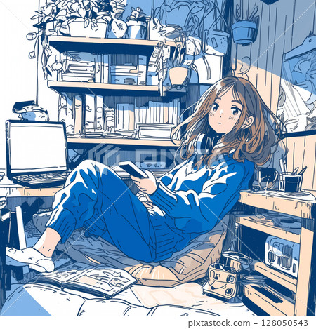 A young woman touching her smartphone in her room. A background full of a sense of everyday life. Potted plants, shelves, bookshelf, lifestyle A young woman touching her smartphone in her room. A background full of a sense of everyday life. Potted plants, shelves, bookshelf, lifestyle 128050543