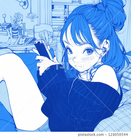 A woman absorbed in her smartphone in a bright room Natural life Private morning Information gathering 128050544